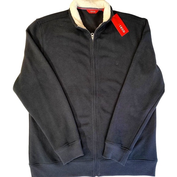 IZOD Men’s Fleece Full Zip Jacket M L Black Cotton Polyester Faux Fur Collar New - Picture 10 of 10